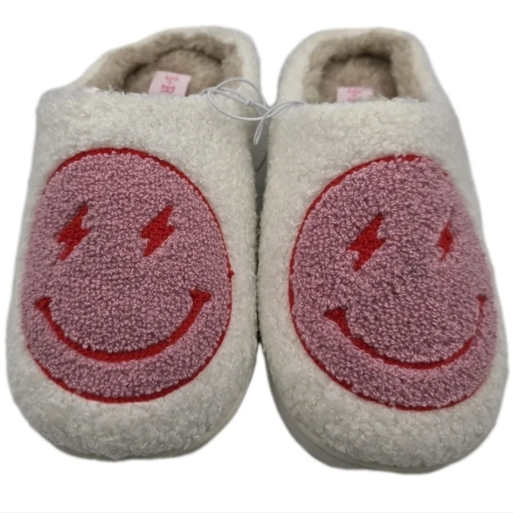 Smiley Face Plush Slippers Retro Soft Size 10 11 12 2 House Shoes Slip On Barbie